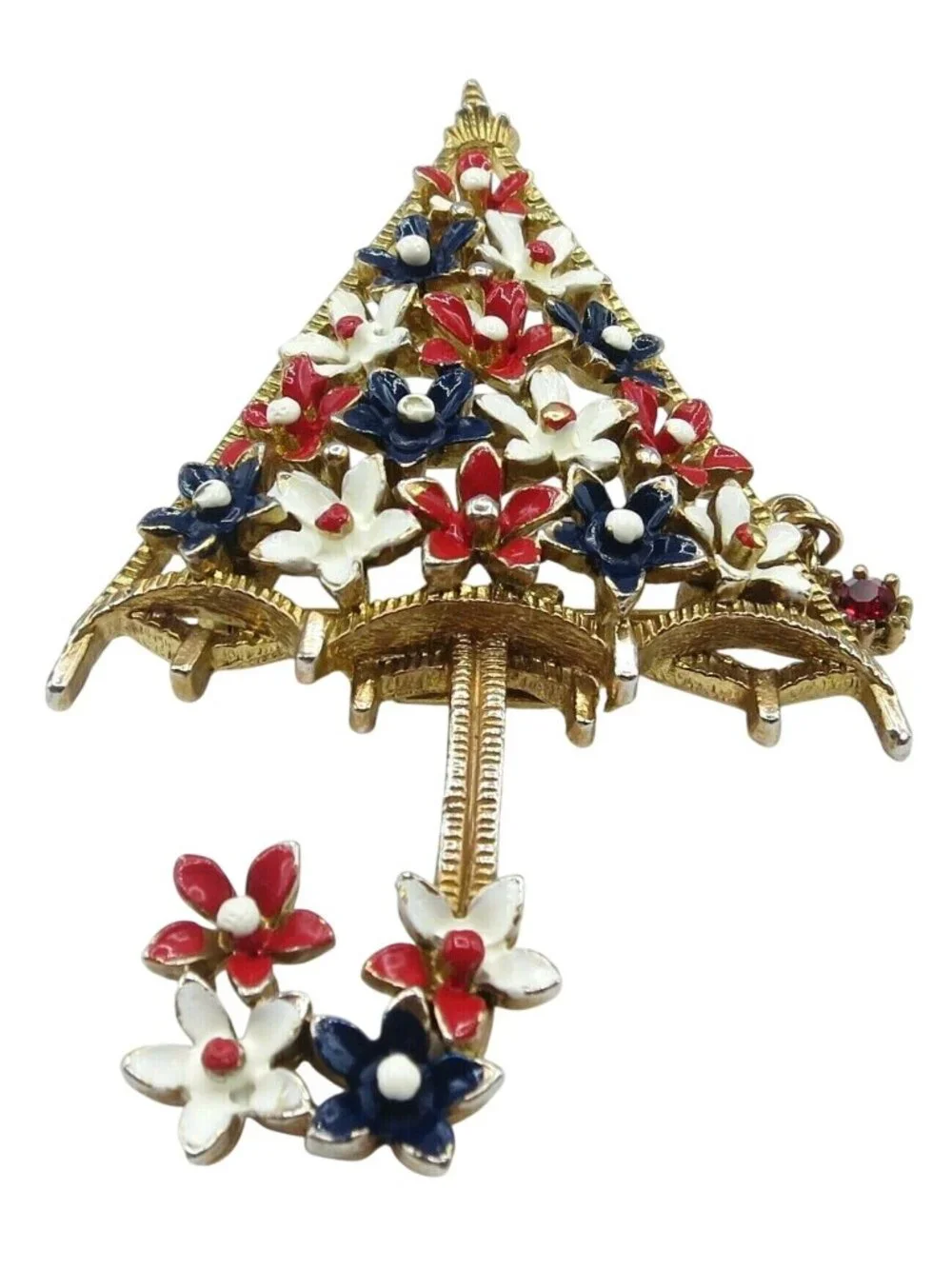 Lisner Umbrella Brooch, Rhinestone Dangle Red White Blue Enamel Flowers Pin, A16